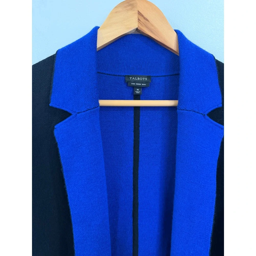 Talbots Merino Wool Open Front Longline Cardigan Black Royal Blue Medium - Picture 2 of 6